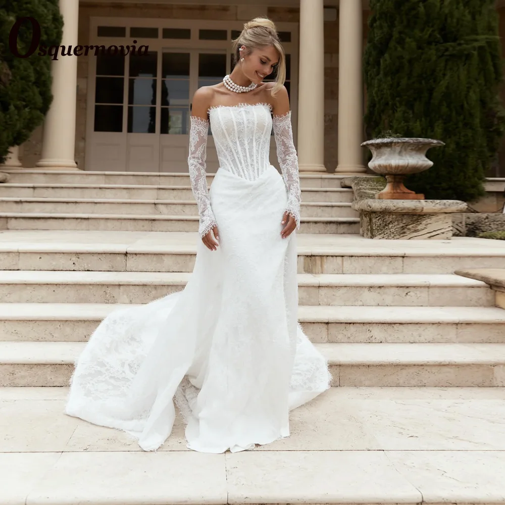 Osquernovia Fairytale Lace Wedding Dresses for Women Mermaid Strapless Detachable Train Bridal Dress Vestido De Novia Customised