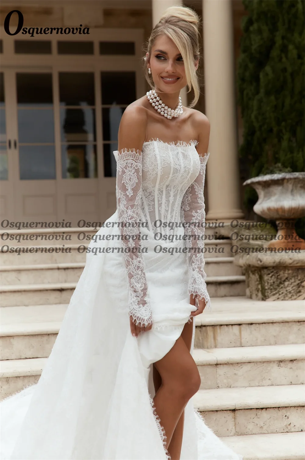 Osquernovia Fairytale Lace Wedding Dresses for Women Mermaid Strapless Detachable Train Bridal Dress Vestido De Novia Customised