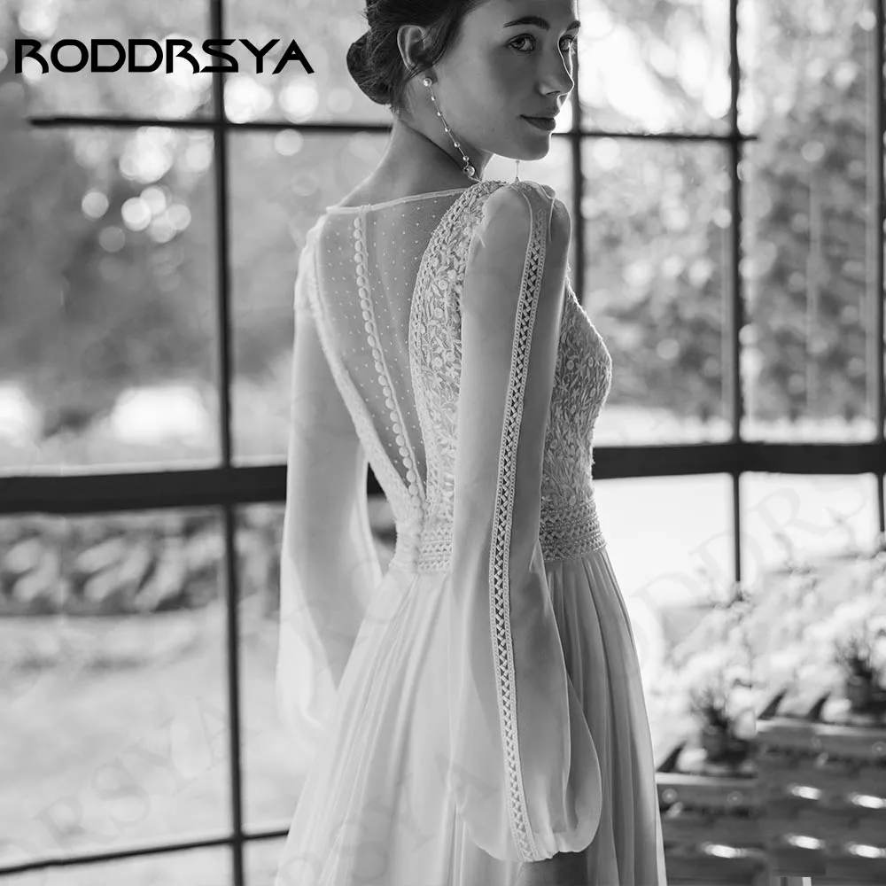 RODDRSYA Bohemian Wedding Dress Women Vestidos Novias Boda Chiffon Long Sleeves Lace Bride Dresses Appliques A Line Customized