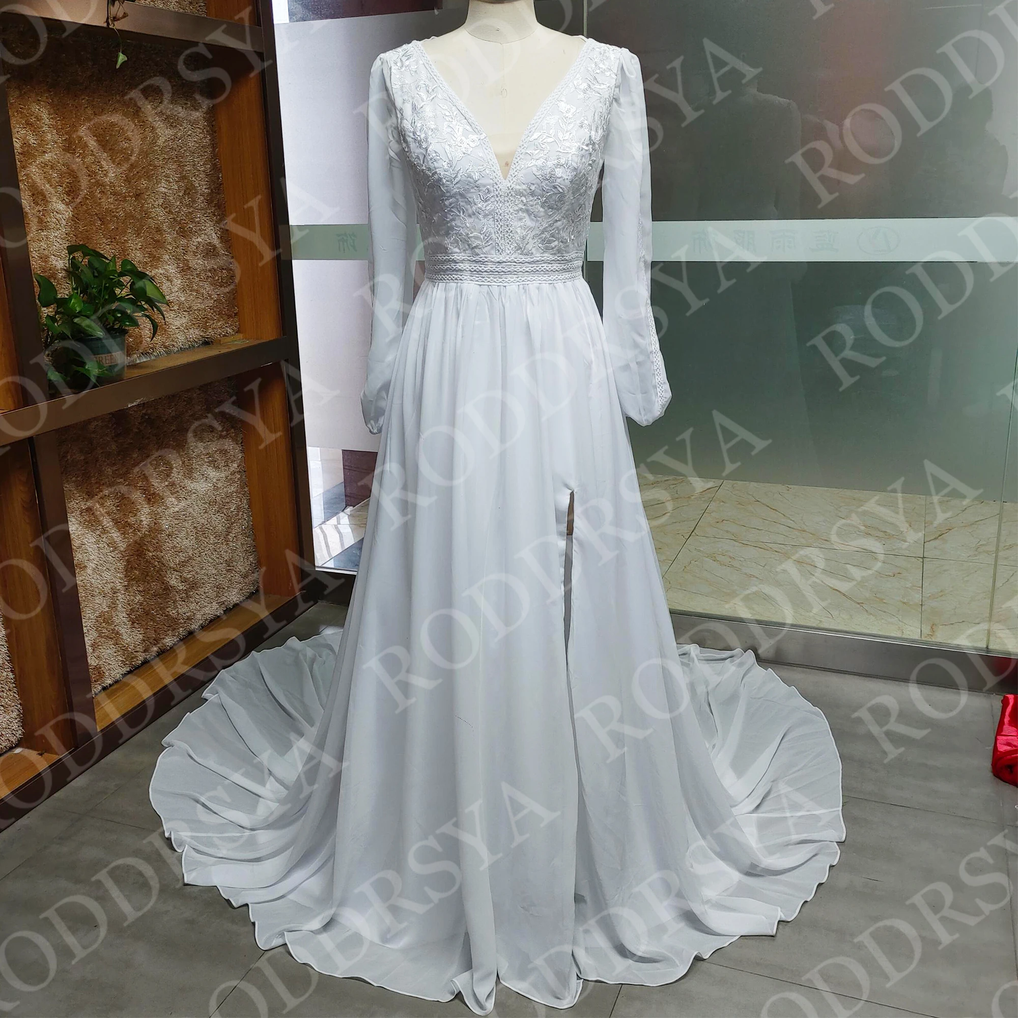 RODDRSYA Bohemian Wedding Dress Women Vestidos Novias Boda Chiffon Long Sleeves Lace Bride Dresses Appliques A Line Customized