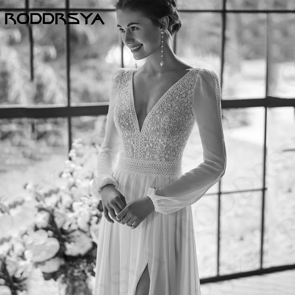 RODDRSYA Bohemian Wedding Dress Women Vestidos Novias Boda Chiffon Long Sleeves Lace Bride Dresses Appliques A Line Customized
