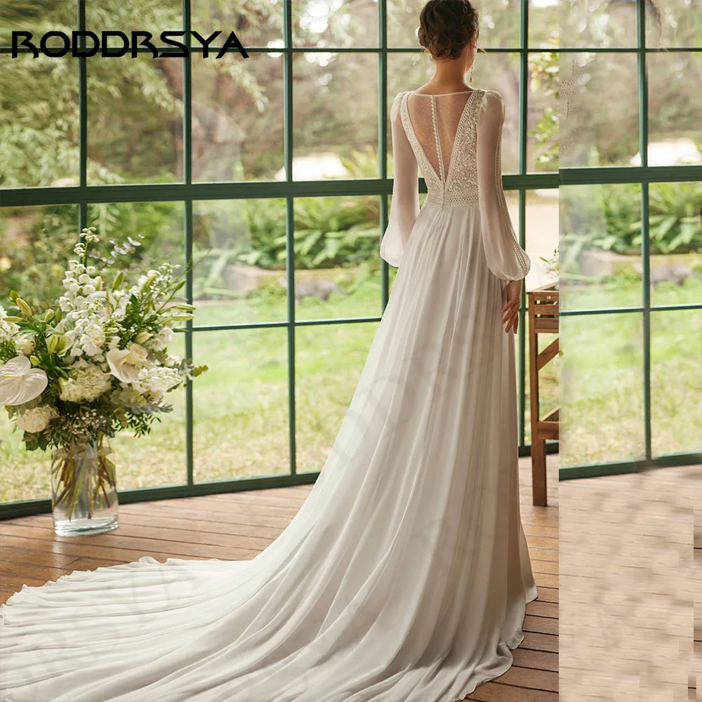 RODDRSYA Bohemian Wedding Dress Women Vestidos Novias Boda Chiffon Long Sleeves Lace Bride Dresses Appliques A Line Customized