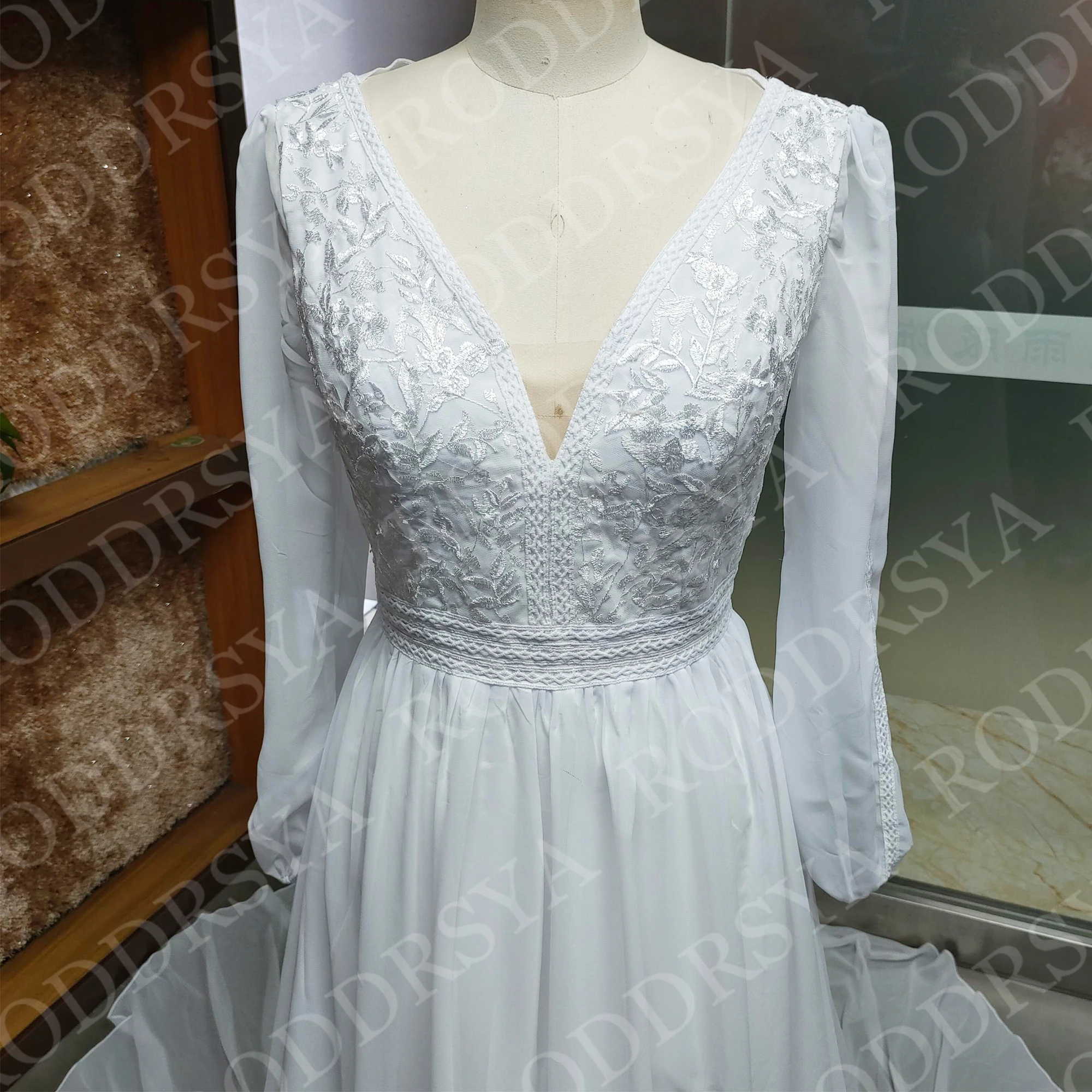 RODDRSYA Bohemian Wedding Dress Women Vestidos Novias Boda Chiffon Long Sleeves Lace Bride Dresses Appliques A Line Customized