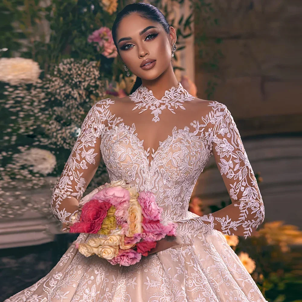 Customized Long Sleeve Ball Gown Wedding Dresses O-Neck Princess Illusion Bridal Gown Luxury Robe Mariage Vestidos Novia
