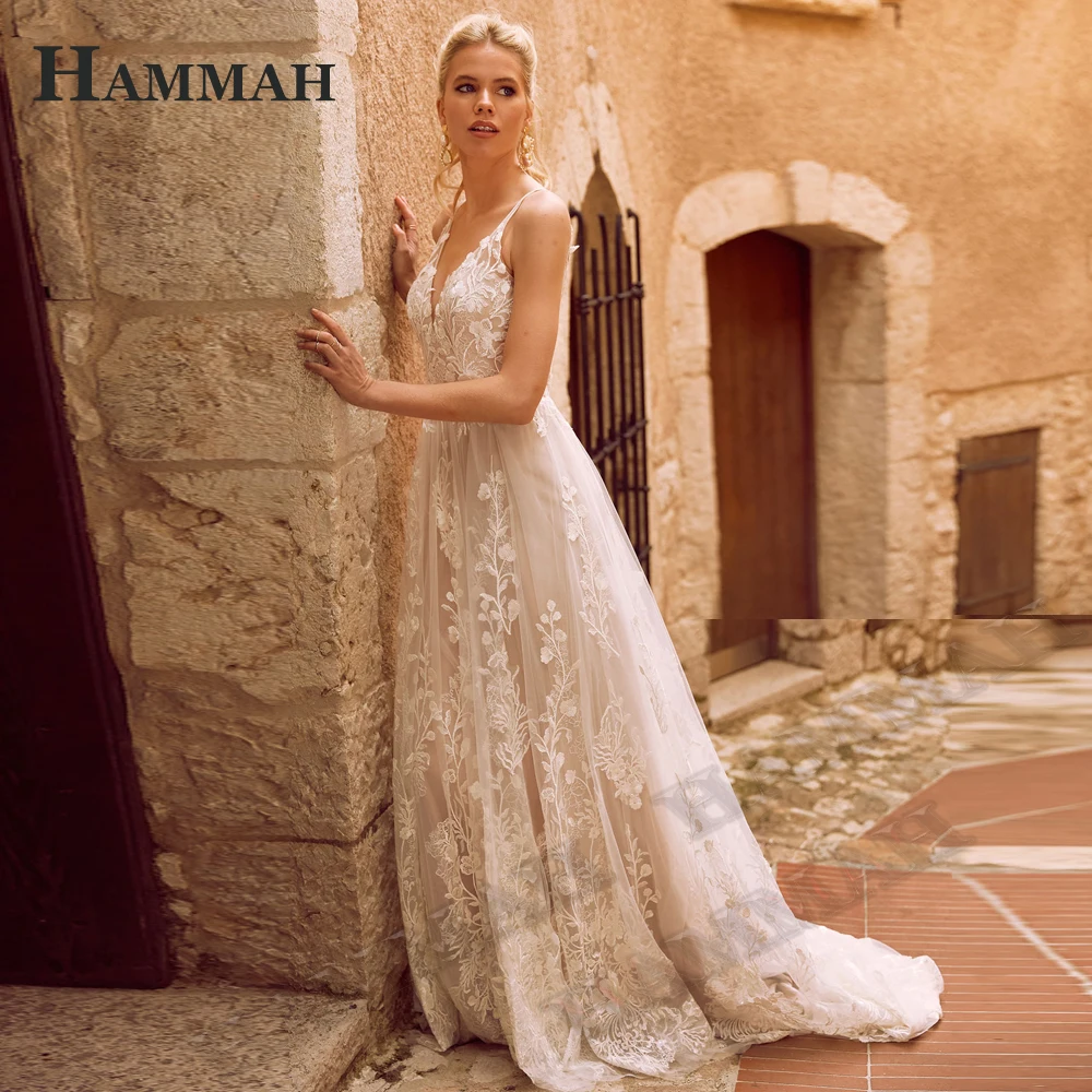 HAMMAH Mordern Appliques Wedding Dresses For Mariages V Neck Spaghetti Strap Backless Trumpet Sleeveless Vestido De Casamento