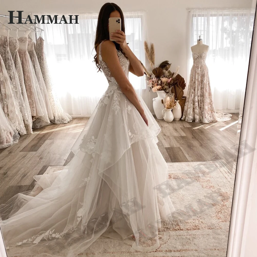 HAMMAH Mordern Appliques Wedding Dresses For Mariages V Neck Spaghetti Strap Backless Trumpet Sleeveless Vestido De Casamento