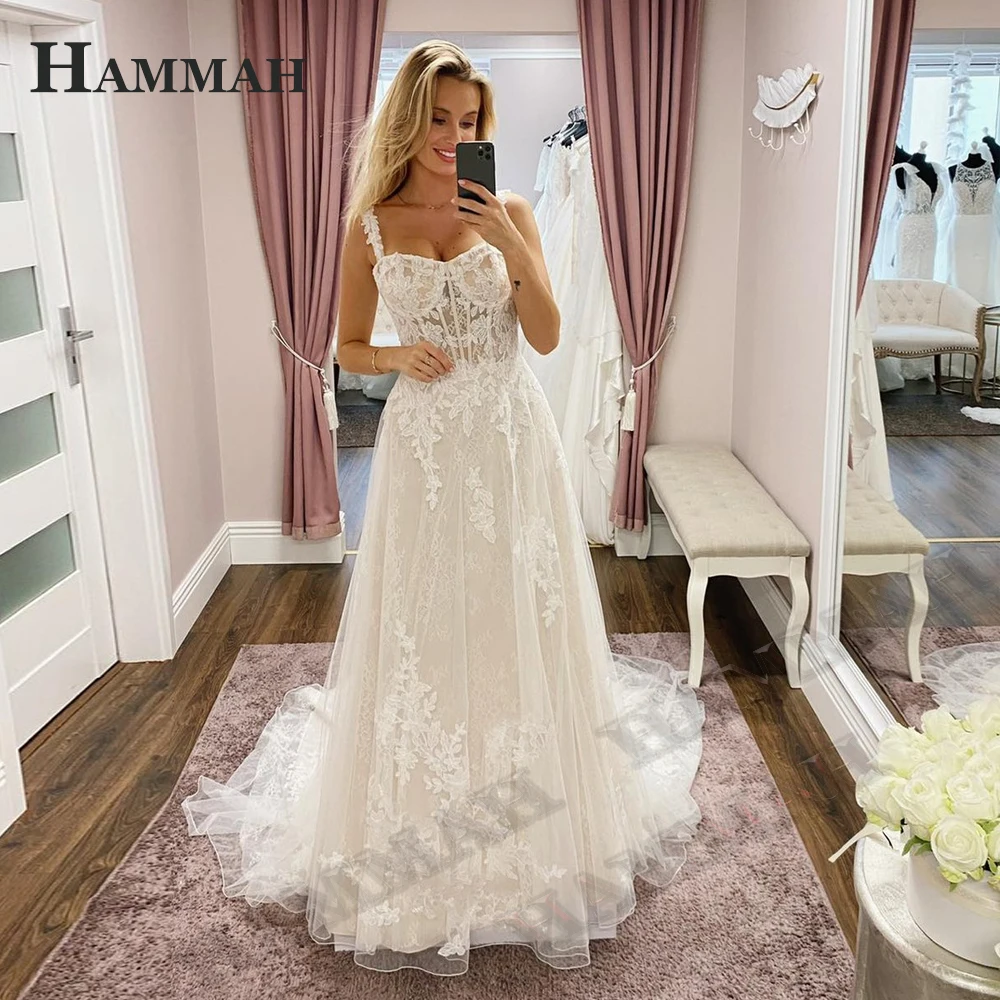HAMMAH Mordern Appliques Wedding Dresses For Mariages V Neck Spaghetti Strap Backless Trumpet Sleeveless Vestido De Casamento