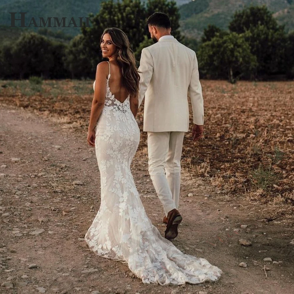 HAMMAH Mordern Appliques Wedding Dresses For Mariages V Neck Spaghetti Strap Backless Trumpet Sleeveless Vestido De Casamento