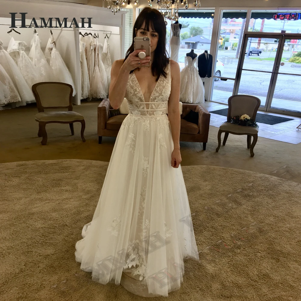 HAMMAH Mordern Appliques Wedding Dresses For Mariages V Neck Spaghetti Strap Backless Trumpet Sleeveless Vestido De Casamento