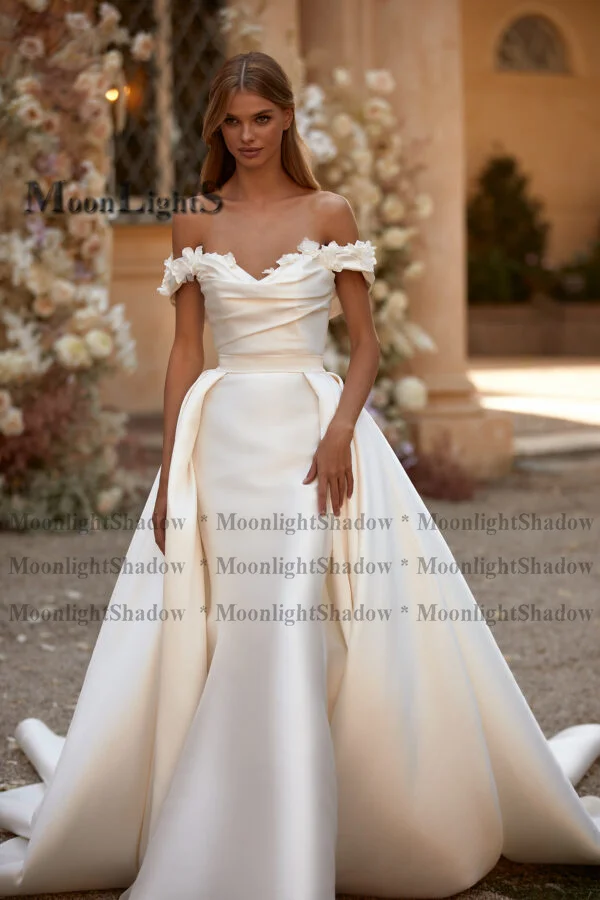 MoonlightShadow Trendy Watteau Train Women Long Dresses Party Satin Fabric 3D Blossoms Wedding Customized Cвадебное платье