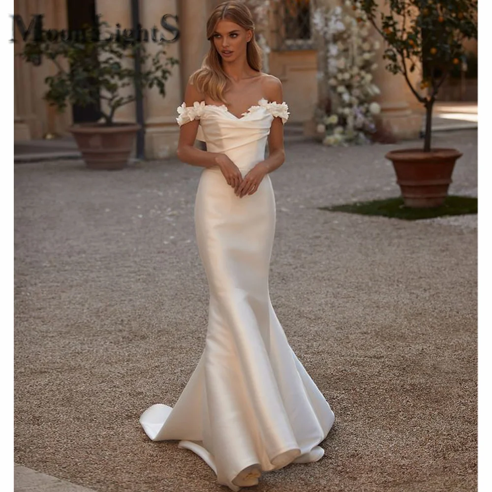MoonlightShadow Trendy Watteau Train Women Long Dresses Party Satin Fabric 3D Blossoms Wedding Customized Cвадебное платье