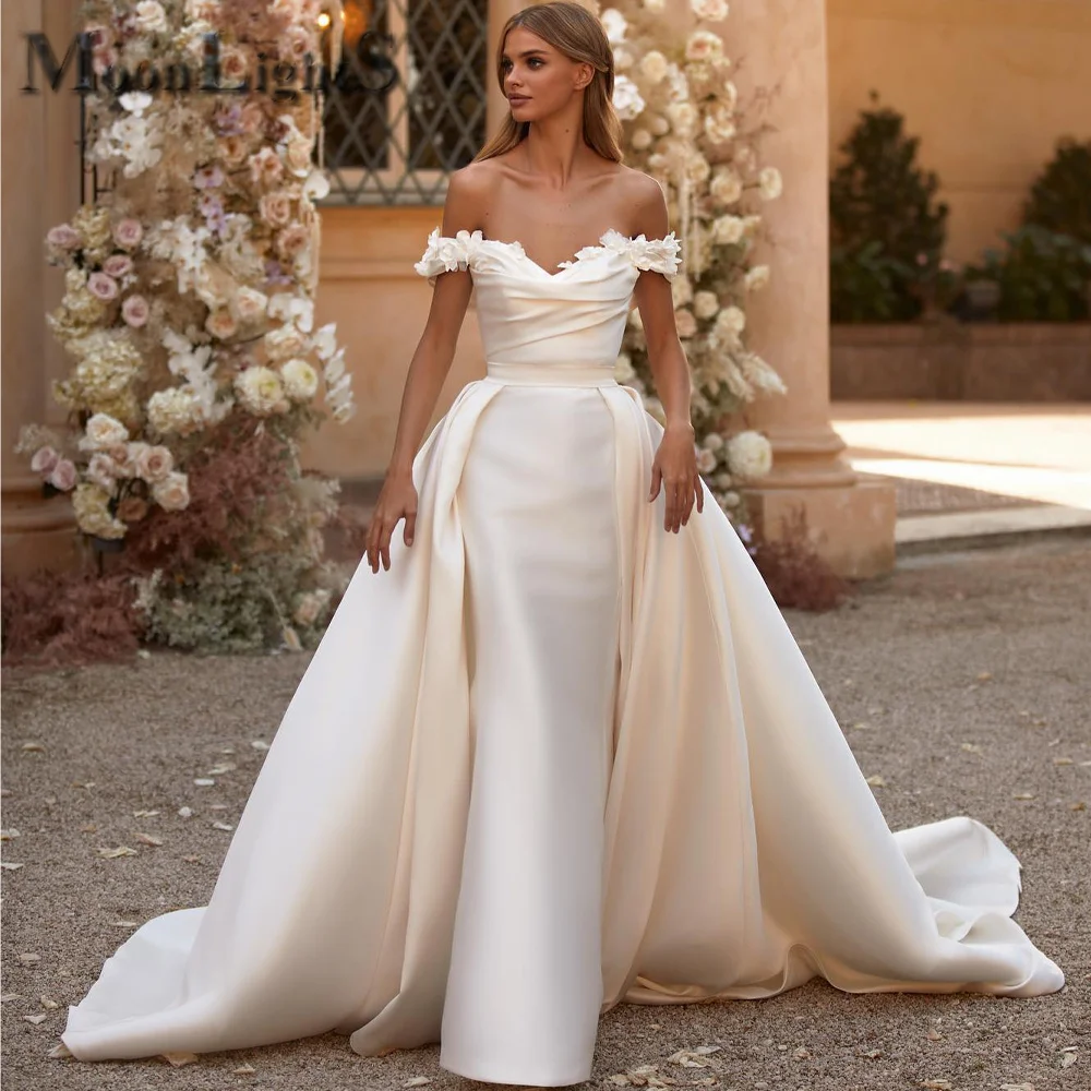 MoonlightShadow Trendy Watteau Train Women Long Dresses Party Satin Fabric 3D Blossoms Wedding Customized Cвадебное платье