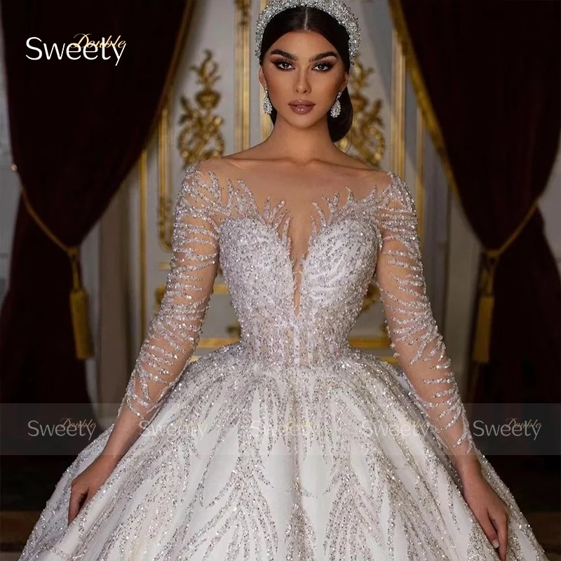 Glitter Fully Beaded Wedding Dress With Organza Ball Gown Full Sleeve O-Neck Bride Dress Lace Up Vestido De Novia Customized