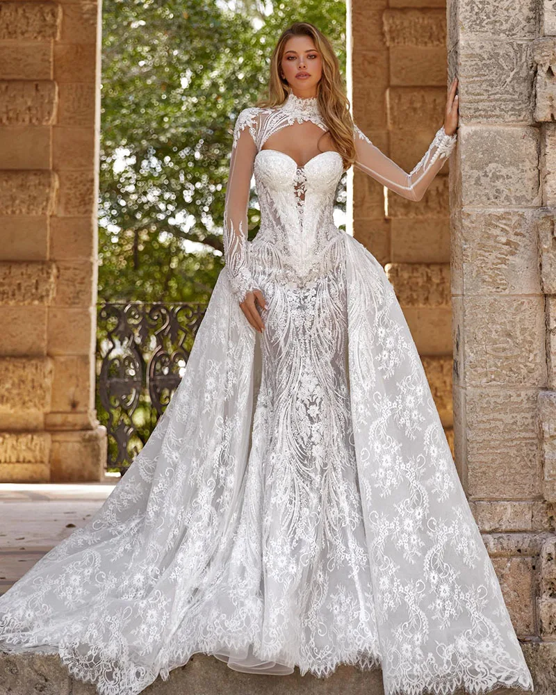 Shiny Beads Lace 3 Pieces Mermaid Wedding Dress With Detachable Long Sleeve Shawl Train Vestido De Noiva Sereia