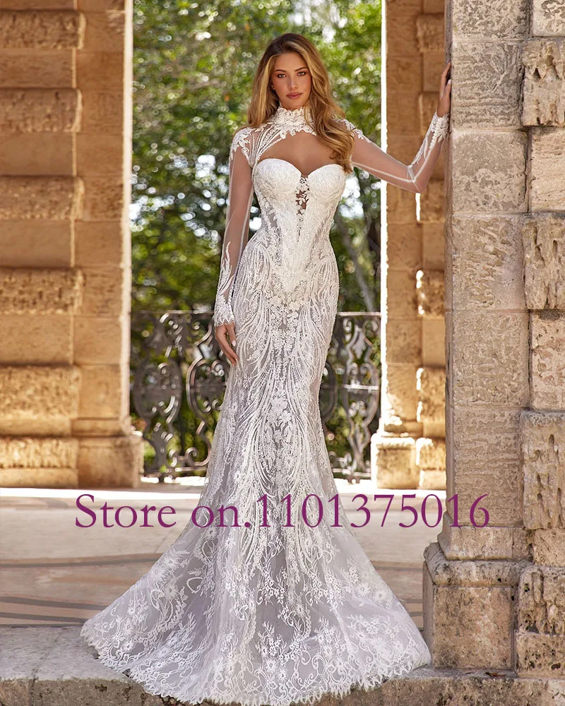 Shiny Beads Lace 3 Pieces Mermaid Wedding Dress With Detachable Long Sleeve Shawl Train Vestido De Noiva Sereia