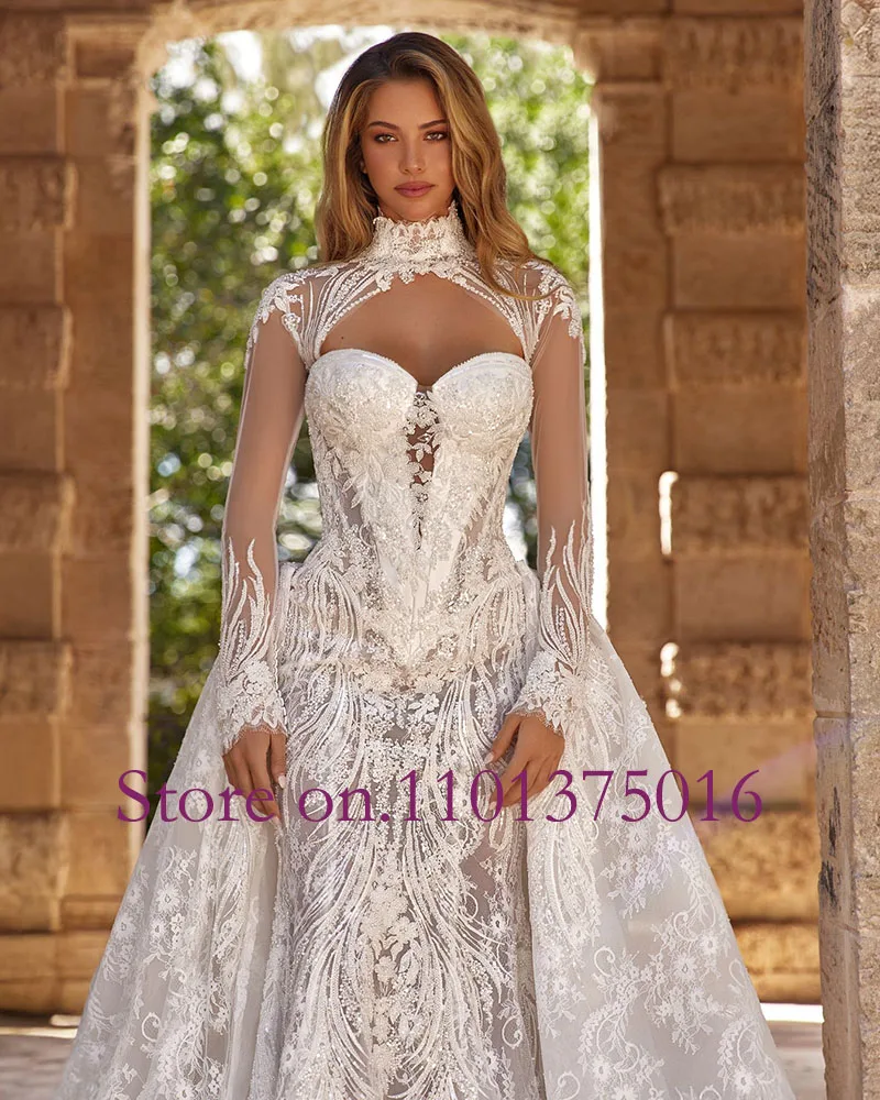 Shiny Beads Lace 3 Pieces Mermaid Wedding Dress With Detachable Long Sleeve Shawl Train Vestido De Noiva Sereia