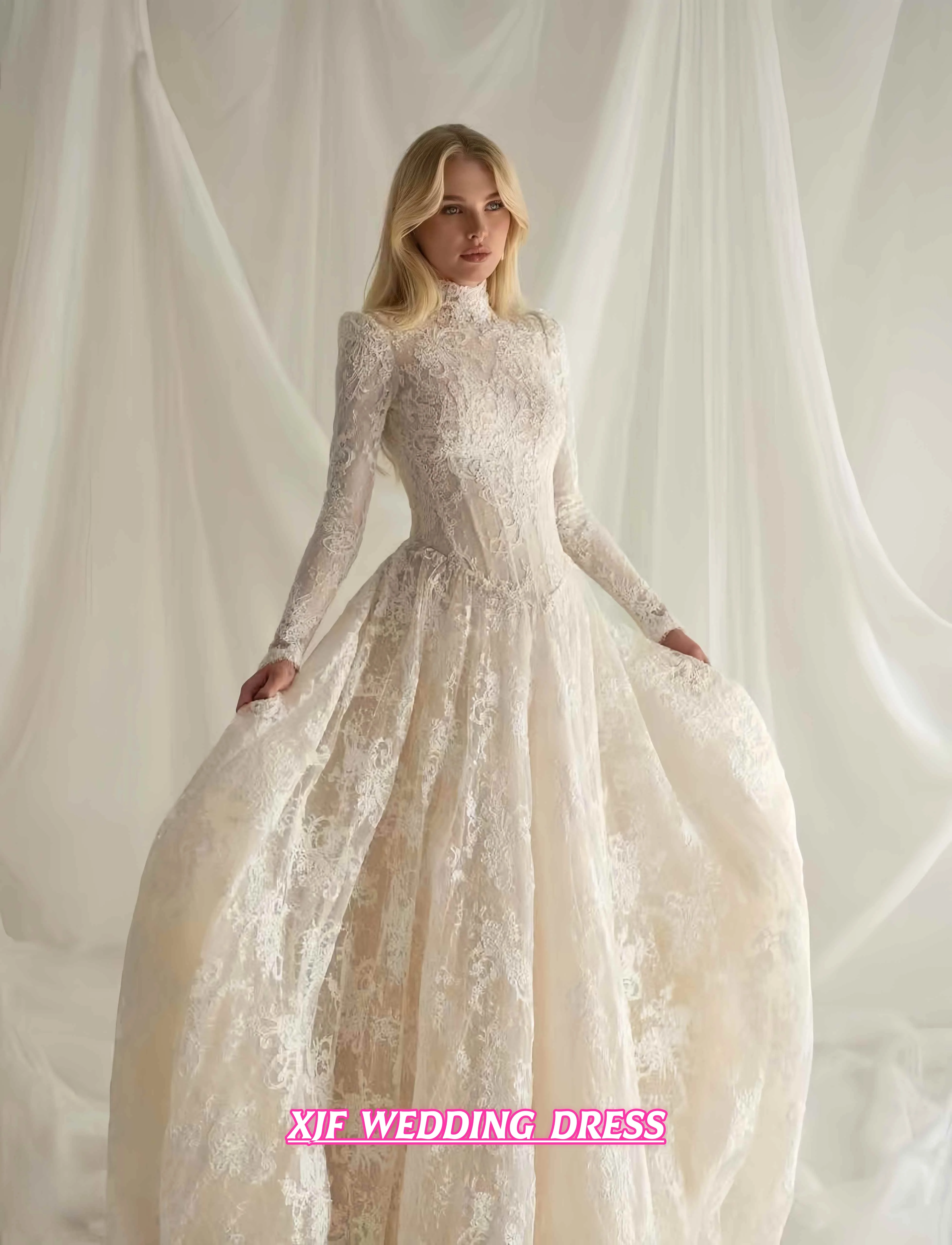Elegant A-Line Wedding Dress High Collar Long Sleeve Lace Vintage Customized Robe De Mariage