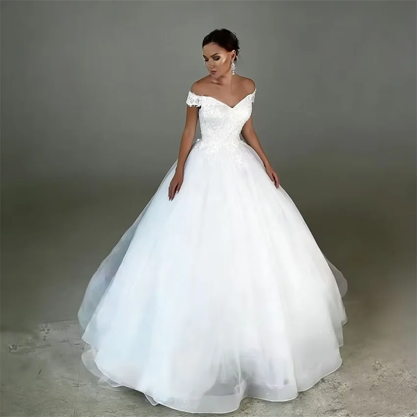 Customized White Princess Off The Shoulder Lace Appliques Wedding Dresses Sweep Train Bridal Gowns A-Line Tulle Bride Dress
