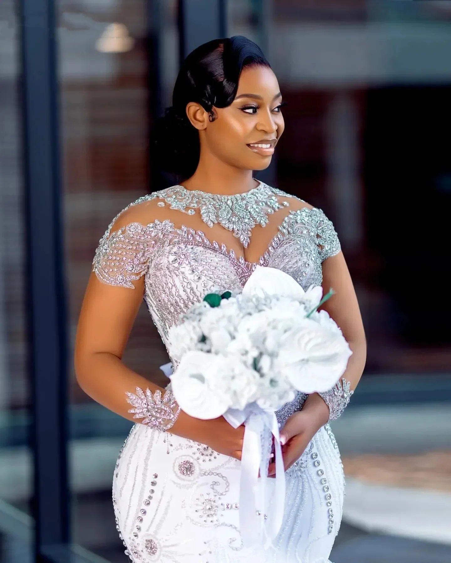 African Mermaid Wedding Dresses 2026 Luxury Shinny Crystals Bead Mesh Long Sleeves with Rufflues Train Bridal Gowns Customized