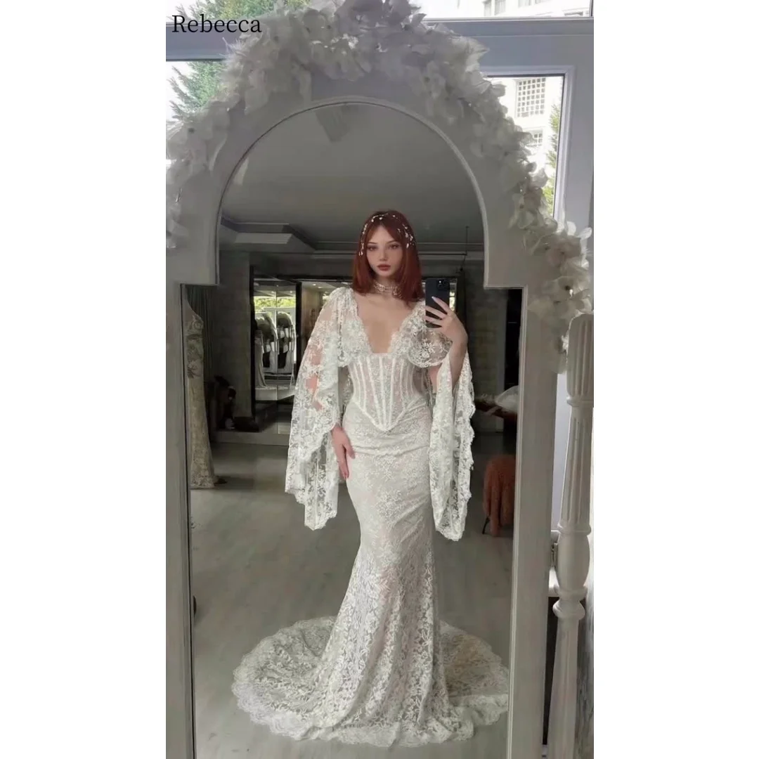 Rebecca Customized V-Neck Detachable Shawl Prom Dress Sweep Train vestidos de noche Lace Embroidery Sheer Evening Dresses 2026
