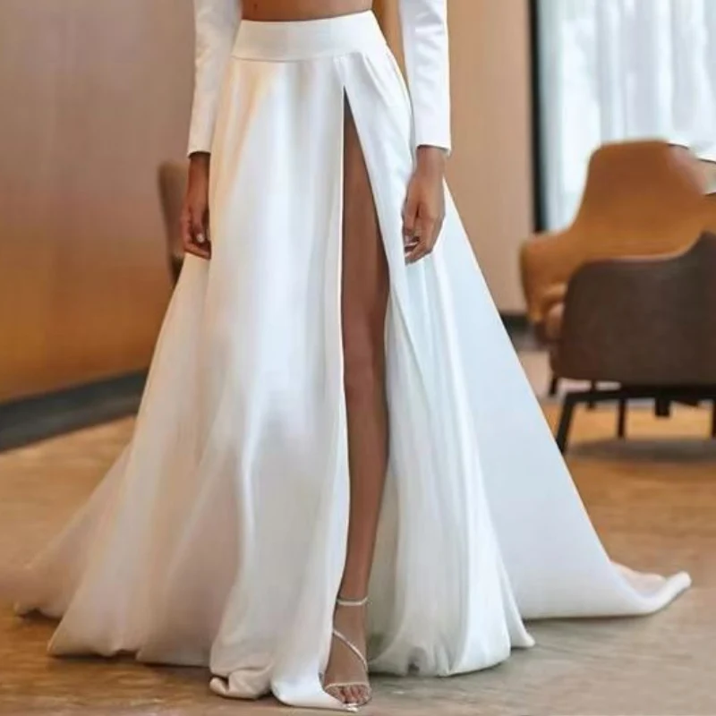 Satin Wedding Party Long Skirt A Line High Side Slit Removable Bridal OverSkirt Femme Bridal Detachable Train 2025 Customized