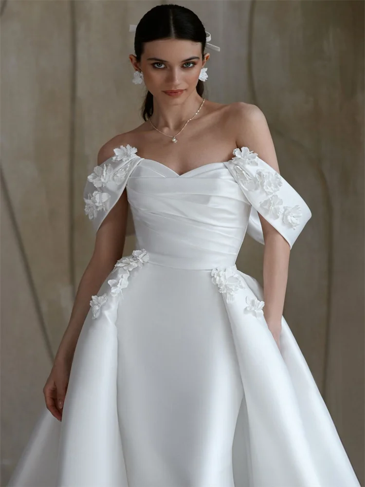 Customized Off Shoulder Sweetheart Neckline Satin Mermaid Wedding Dress Lace-up Back Floor Length Sweep Train Gown For Bride