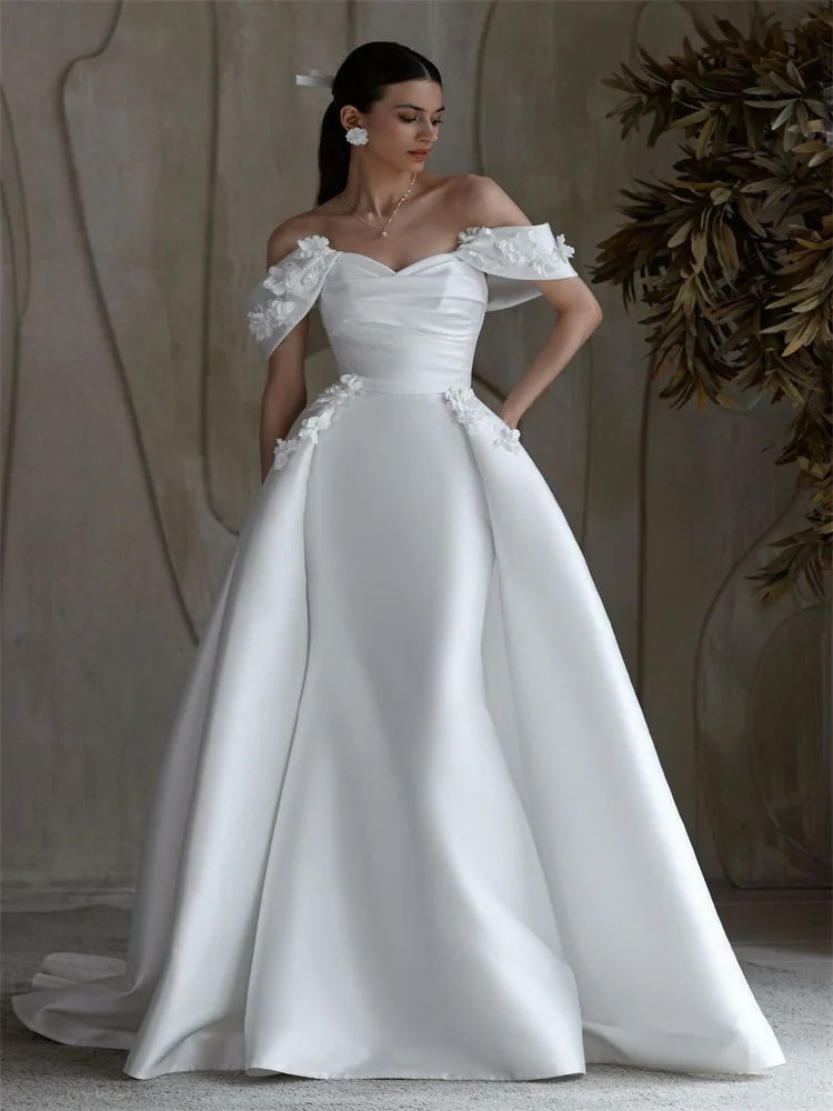 Customized Off Shoulder Sweetheart Neckline Satin Mermaid Wedding Dress Lace-up Back Floor Length Sweep Train Gown For Bride
