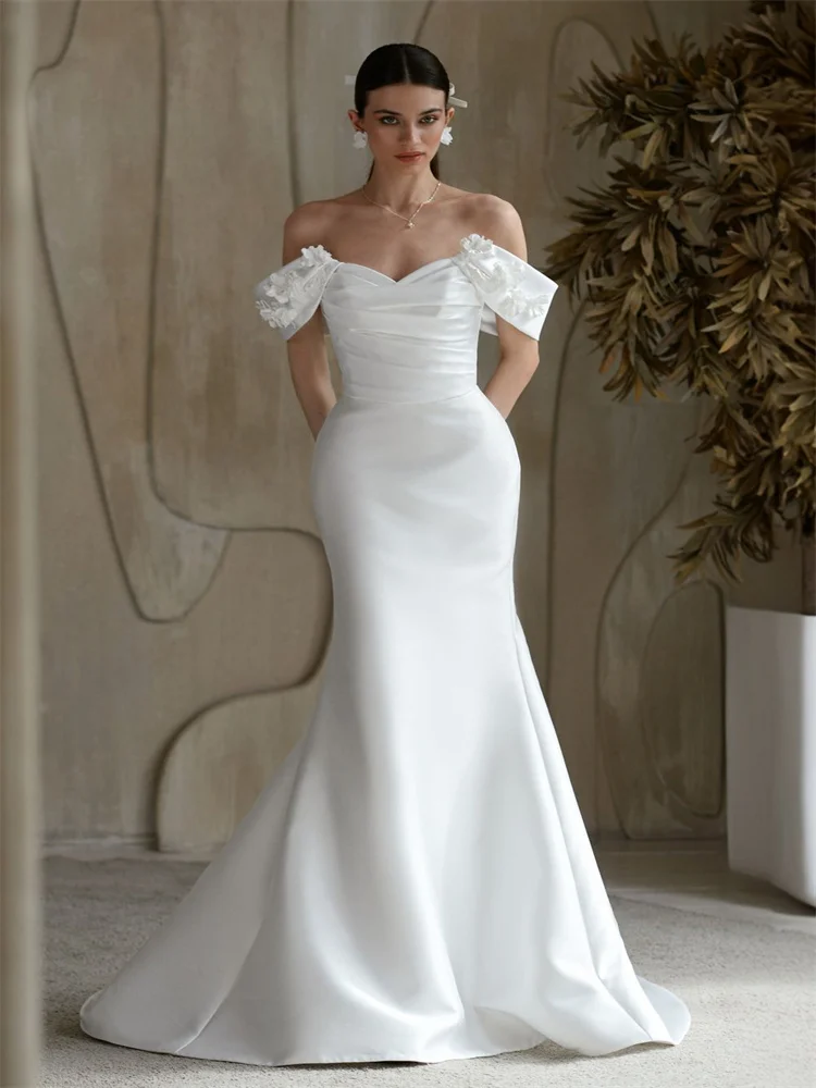 Customized Off Shoulder Sweetheart Neckline Satin Mermaid Wedding Dress Lace-up Back Floor Length Sweep Train Gown For Bride