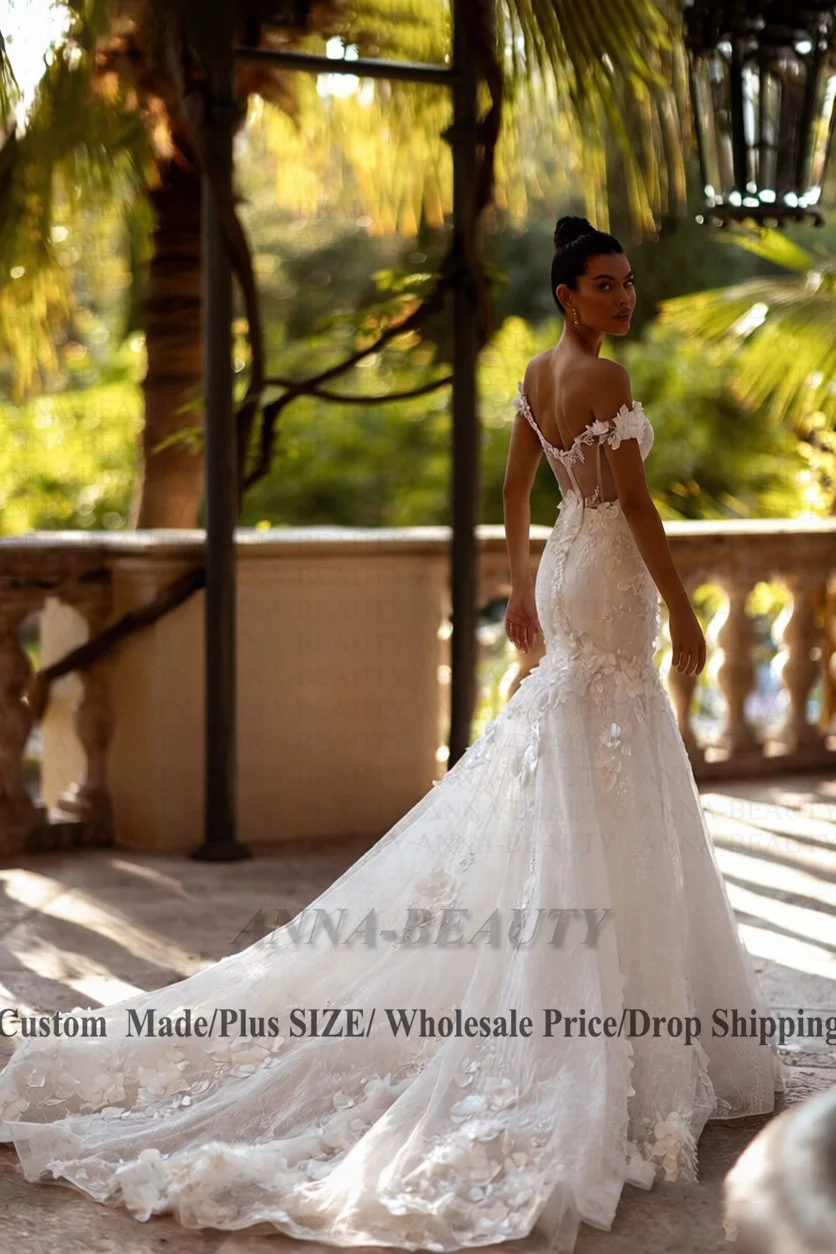 Anna Charming Sweetheart Wedding Dress Bridal Off the Shoulder Lace Appliques Zipper Brush Train Vestido Femenino Customised