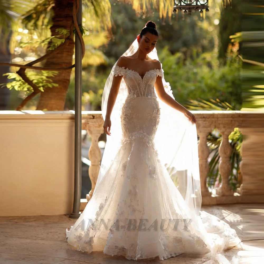 Anna Charming Sweetheart Wedding Dress Bridal Off the Shoulder Lace Appliques Zipper Brush Train Vestido Femenino Customised