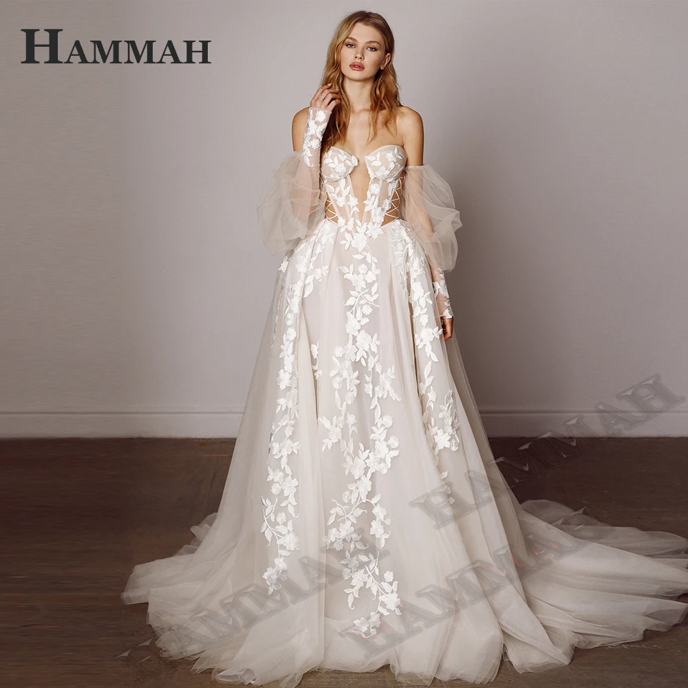 HAMMAH Elegant V Neck Wedding Dresses Mermaid Appliques Lace Spaghetti Strap Satin Court Train Robe De Mariee Customized
