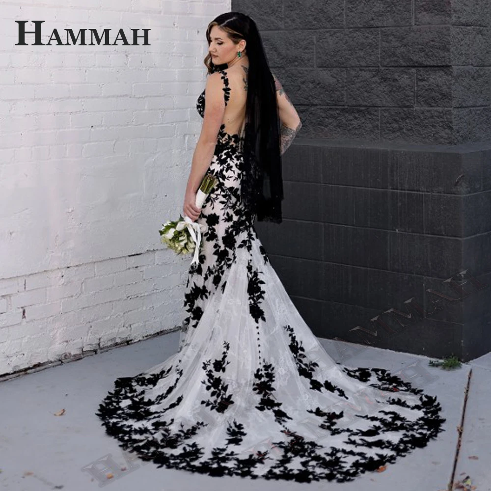 HAMMAH Elegant V Neck Wedding Dresses Mermaid Appliques Lace Spaghetti Strap Satin Court Train Robe De Mariee Customized