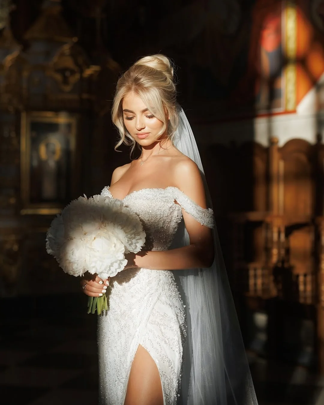 Luxury Beaded Sparkly Wedding Dress For Slit Long Vestidos Novia Off Shoulder Mermaid Bridal Party Gown For Women