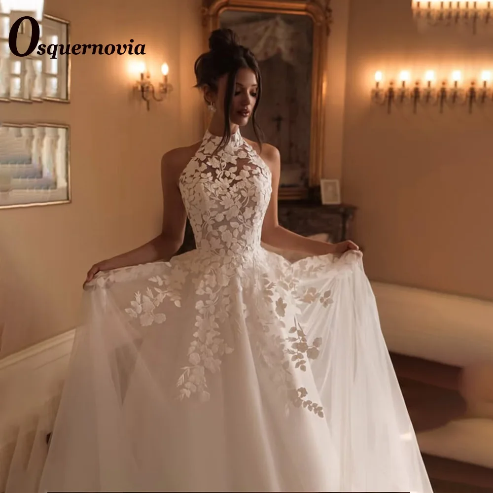 Osquernovia Charming Halter Wedding Dresses Lace Appliques A-line Sleeveless Button Bridal Gown Robes De Mariée Customised