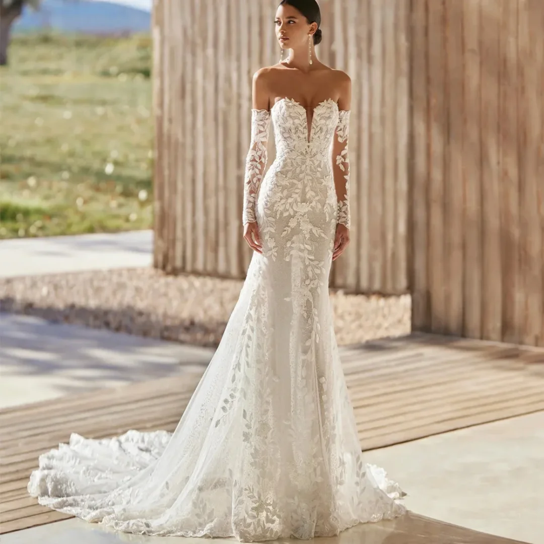 Customized Luxury Lace Mermaid Wedding Dresses Elegant Bridal Gowns Lace Appliques Off The Shoulder Backless Robes Vestidos De