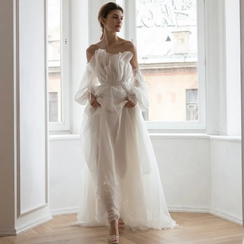 DREAM Scalloped Neck Organza Long Sleeve Boho Wedding Dress Off Shoulder A Line Backless Princess Elegant Bridal Gown Customized