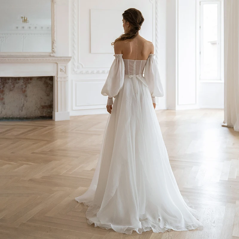 DREAM Scalloped Neck Organza Long Sleeve Boho Wedding Dress Off Shoulder A Line Backless Princess Elegant Bridal Gown Customized