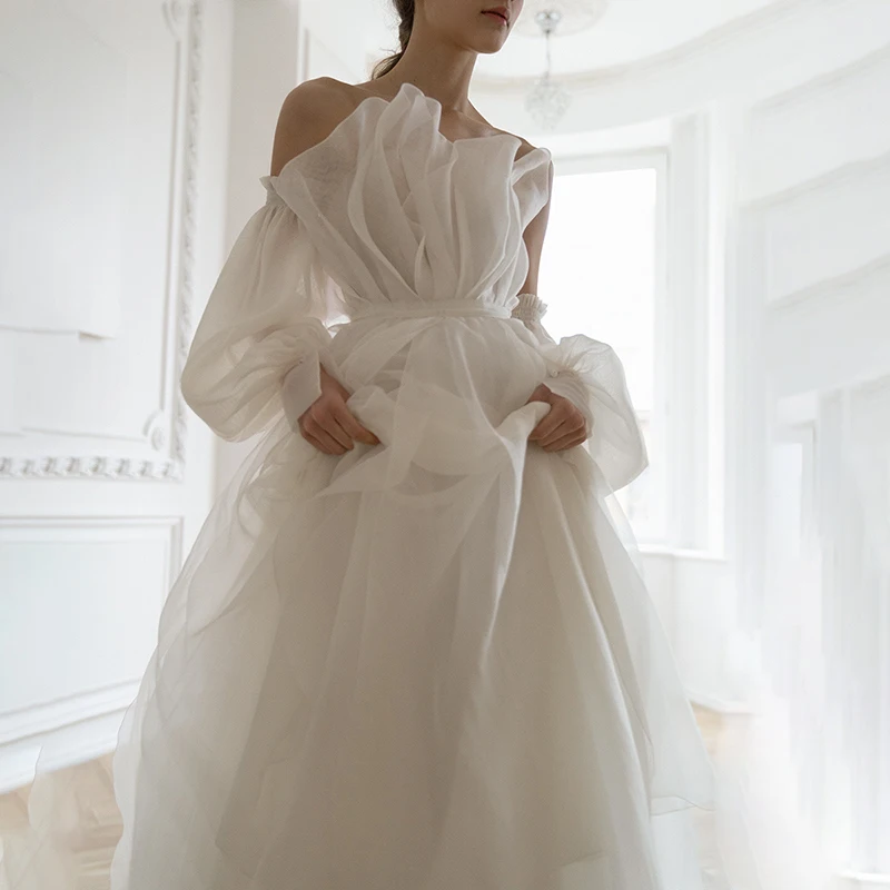 DREAM Scalloped Neck Organza Long Sleeve Boho Wedding Dress Off Shoulder A Line Backless Princess Elegant Bridal Gown Customized