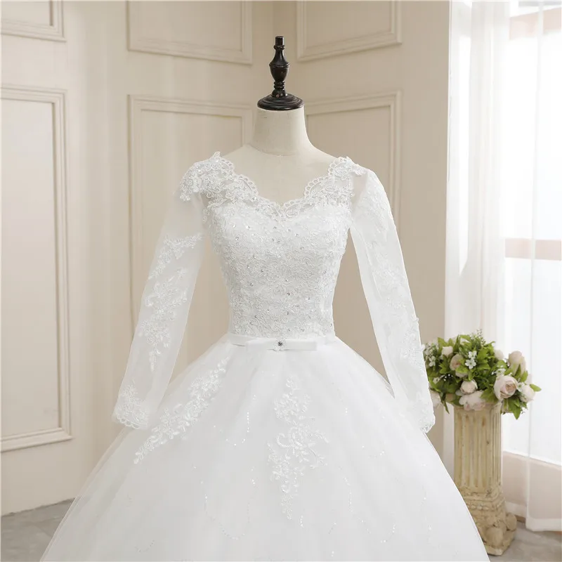 New Wedding Dress Long Sleeve Satin Lace Belt Sweep Train Ball Gown Princess Elegant Wedding Party Dress Customization