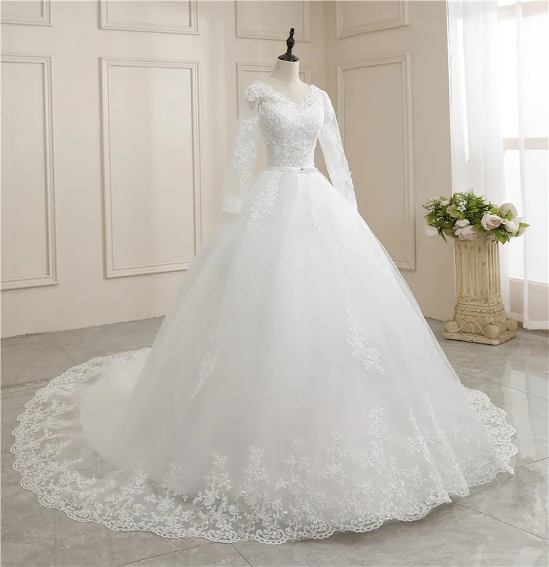 New Wedding Dress Long Sleeve Satin Lace Belt Sweep Train Ball Gown Princess Elegant Wedding Party Dress Customization