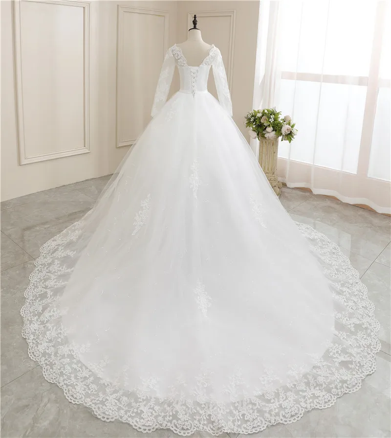 New Wedding Dress Long Sleeve Satin Lace Belt Sweep Train Ball Gown Princess Elegant Wedding Party Dress Customization