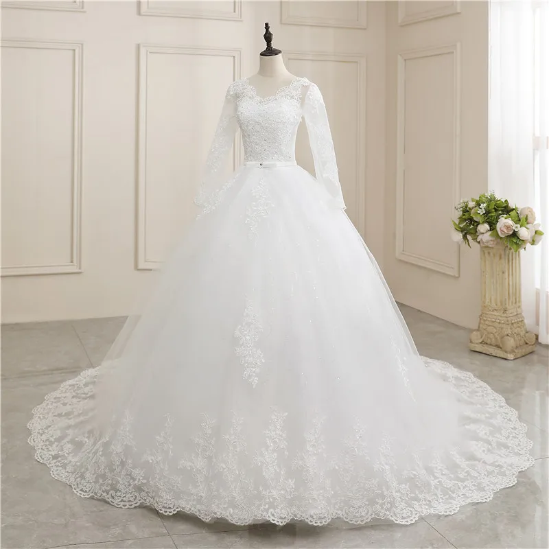 New Wedding Dress Long Sleeve Satin Lace Belt Sweep Train Ball Gown Princess Elegant Wedding Party Dress Customization