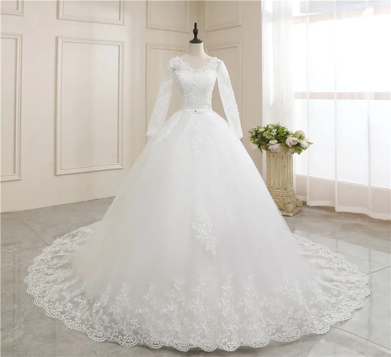 New Wedding Dress Long Sleeve Satin Lace Belt Sweep Train Ball Gown Princess Elegant Wedding Party Dress Customization