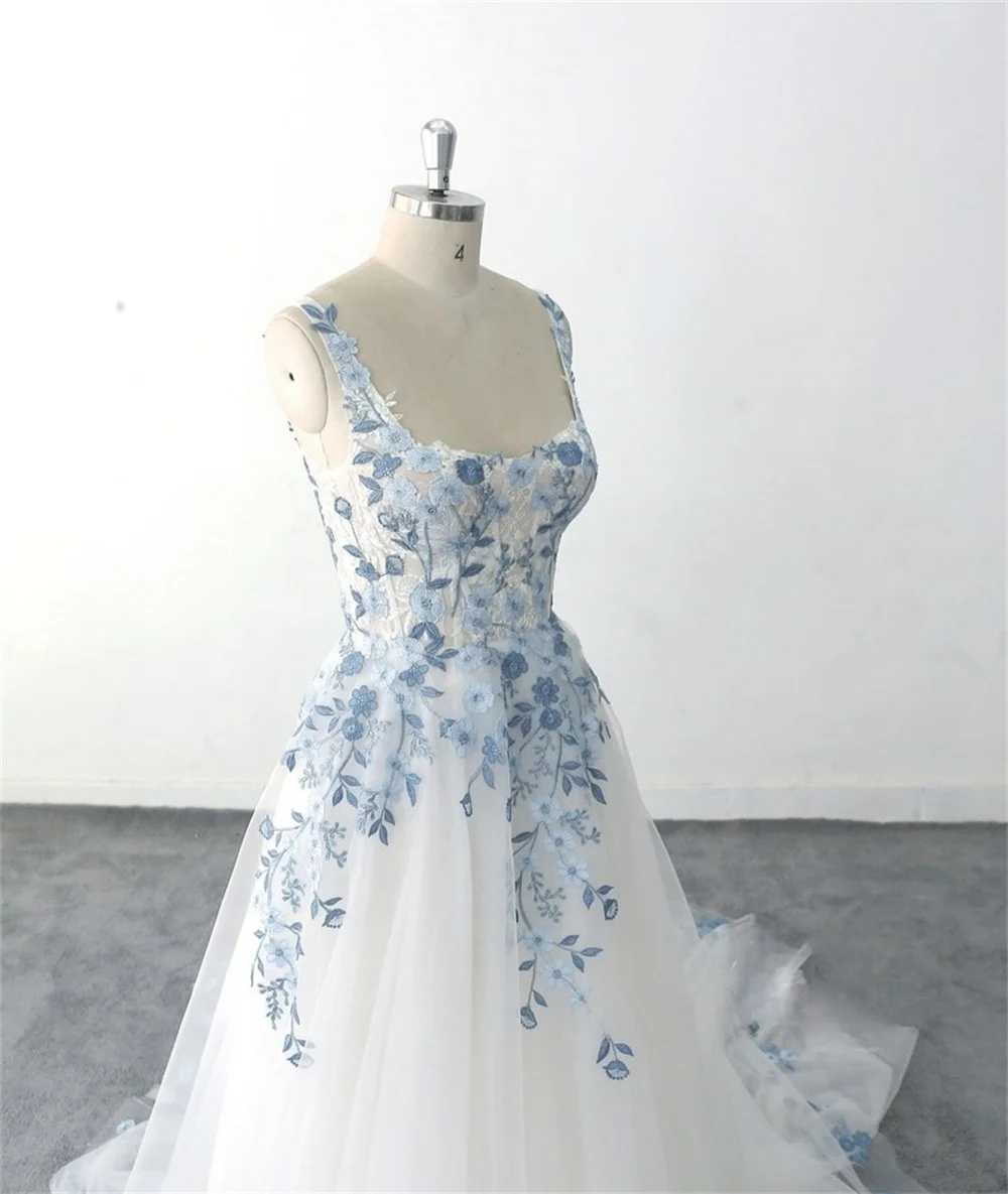 Kyoto Light Blue Floral Embroidery Wedding Dress Sleeveless Square Neck vestidos de novia Customized A-line Fairy robe de mariée