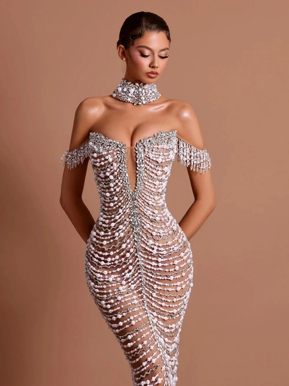 Exquisite Pearls Wedding Dresses Crystal Bridal Gowns Off Shoulder Illusion Split Mermaid Customized Bride Vestidos De Novia