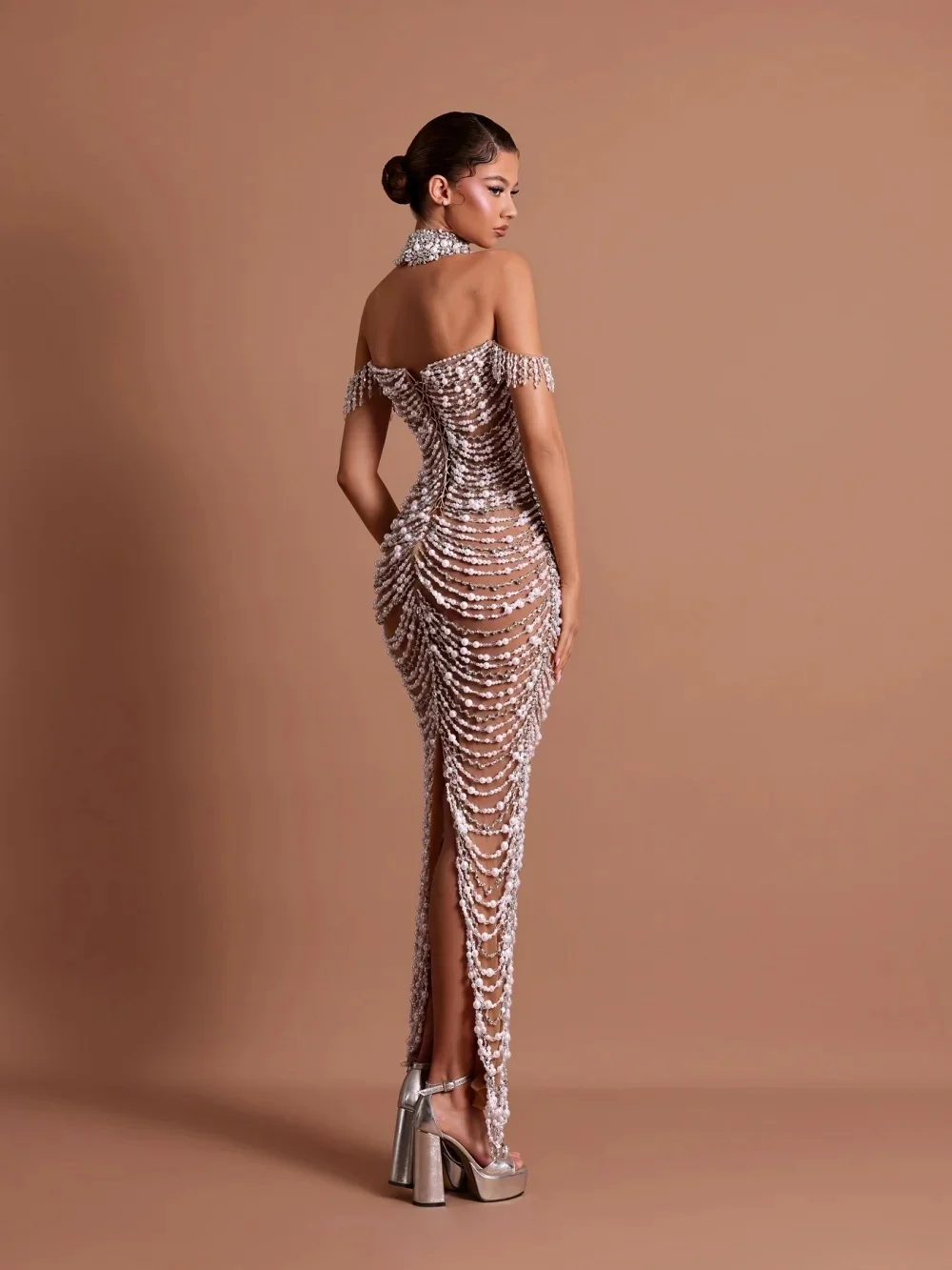 Exquisite Pearls Wedding Dresses Crystal Bridal Gowns Off Shoulder Illusion Split Mermaid Customized Bride Vestidos De Novia