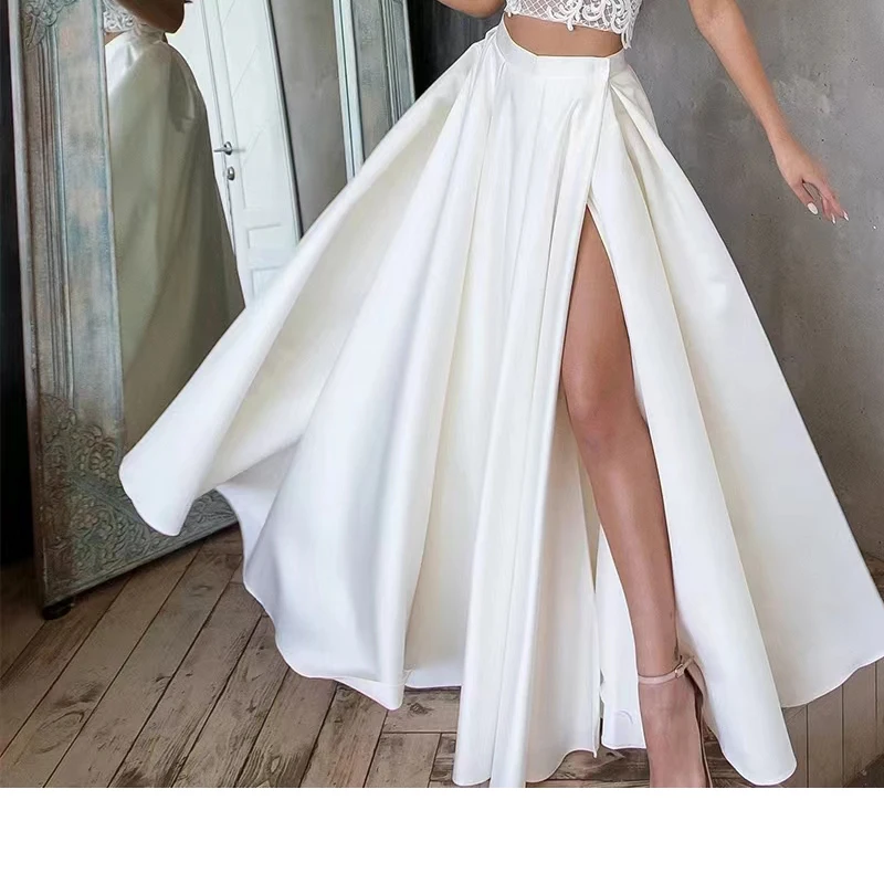 Satin High Side Slit Detachable Train Wedding Removable Skirt for Dresses Sexy Bridal Party Prom Overskirt
