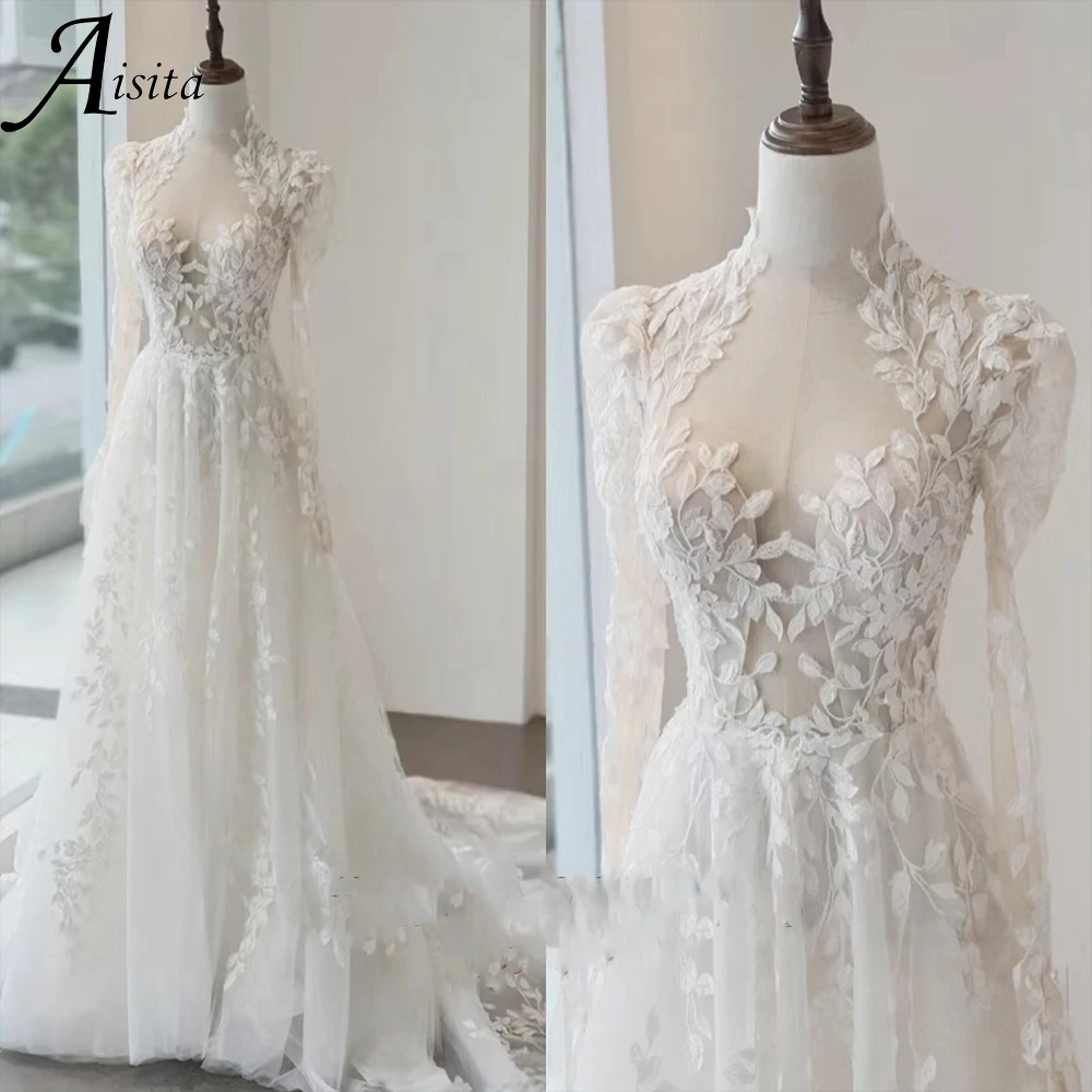 Romantic A Line Bride Dresses customized Lace Appliques Wedding Dress Wedding Long Sleeves Dresses for Woman Vestidos De Novia