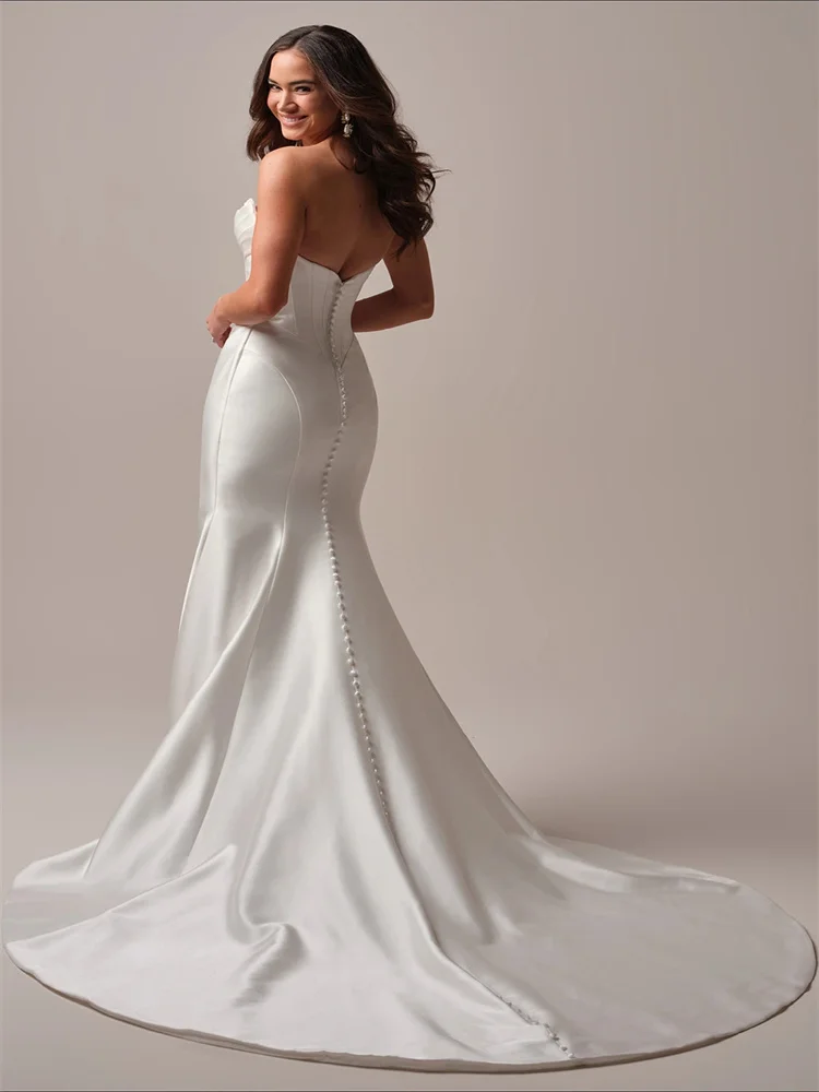 Customized Off Shoulder Sweetheart Neckline Mermaid Satin Wedding Dress Sexy Button Back Floor Length Sweep Train Gown For Bride