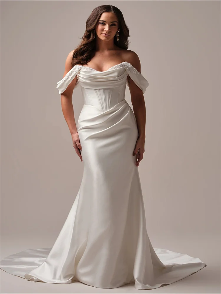 Customized Off Shoulder Sweetheart Neckline Mermaid Satin Wedding Dress Sexy Button Back Floor Length Sweep Train Gown For Bride